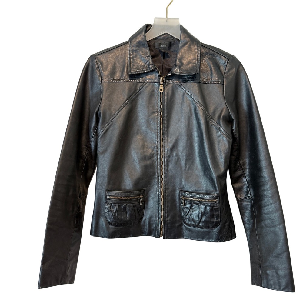 Frenchi Women's Black Leather Zip Up Moto Jacket Pleated Pockets Size Medium